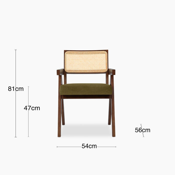 Cary Wooden Carver Dining Chair | Moss Green Sustainable Mohair Velvet & Walnut