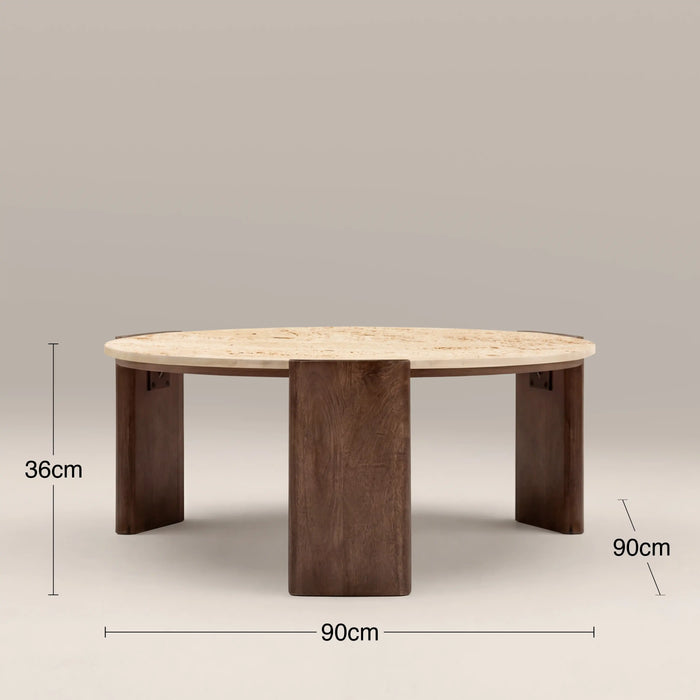 Emil Round Coffee Table | Natural Travertine & Walnut