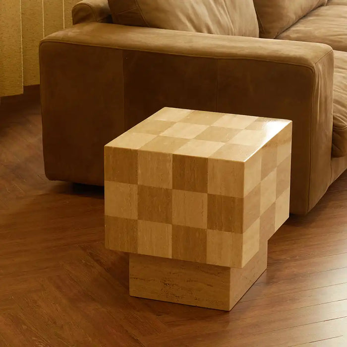 Checkmate Square Side Table | Natural Travertine