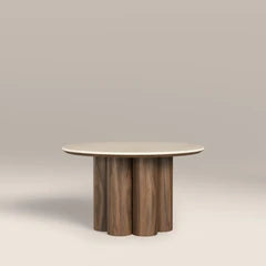 Noelle Round Coffee Table | Natural Travertine Effect Sintered Stone & Walnut