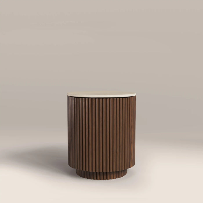 Everly Round Storage Side Table Natural Travertine Effect Sintered Stone & Walnut