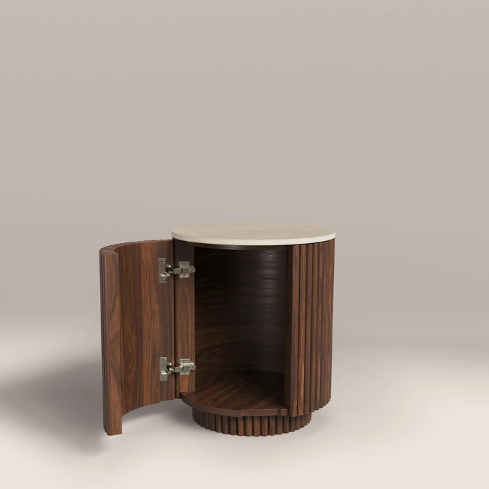 Everly Round Storage Side Table Natural Travertine Effect Sintered Stone & Walnut