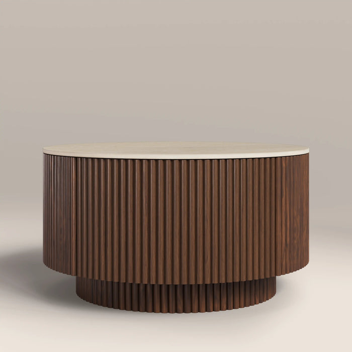Everly Round Storage Coffee Table Natural Travertine Effect Sintered Stone & Walnut