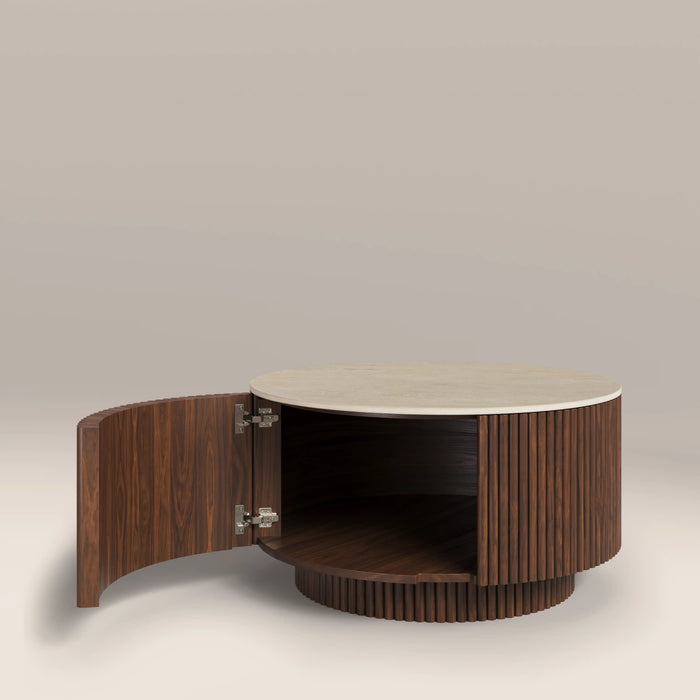 Everly Round Storage Coffee Table Natural Travertine Effect Sintered Stone & Walnut