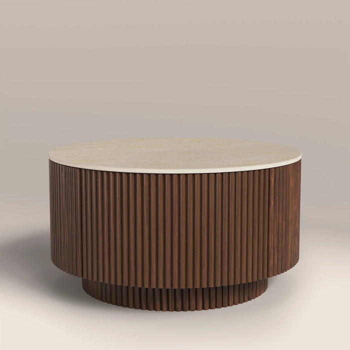 Everly Round Storage Coffee Table Natural Travertine Effect Sintered Stone & Walnut