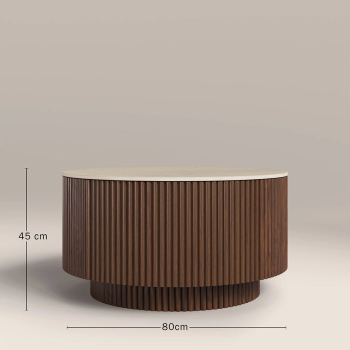 Everly Round Storage Coffee Table Natural Travertine Effect Sintered Stone & Walnut