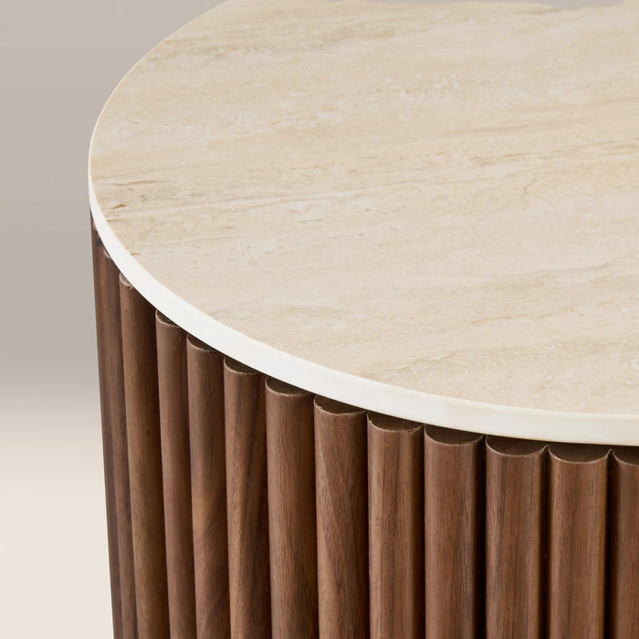 Everly Round Storage Side Table Natural Travertine Effect Sintered Stone & Walnut