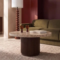 Pedersen Round Coffee Table | Cappuccino Brown Riverstone Marble & Walnut