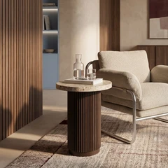 Pedersen Round Side Table | Cappuccino Brown Riverstone Marble & Walnut