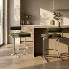 Wilbur Kitchen Stool | Olive Green Sustainable Velvet & Brushed Chrome