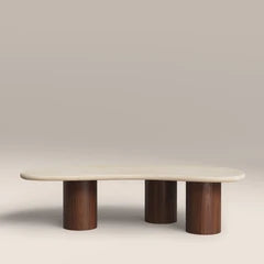 Brynleigh Curved Coffee Table | Natural Travertine Effect Sintered Stone & Walnut