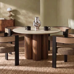Noelle 4 Seat Round Dining Table | Natural Travertine Effect Sintered Stone & Walnut
