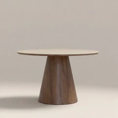 Finnley Large 4 Seat Round Dining Table | Natural Travertine Effect Sintered Stone & Walnut