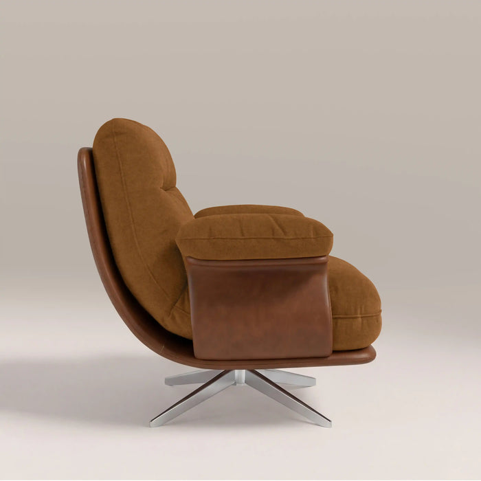 Elka Swivel Armchair | Caramel Brown Sustainable Mohair Velvet & Brushed Chrome