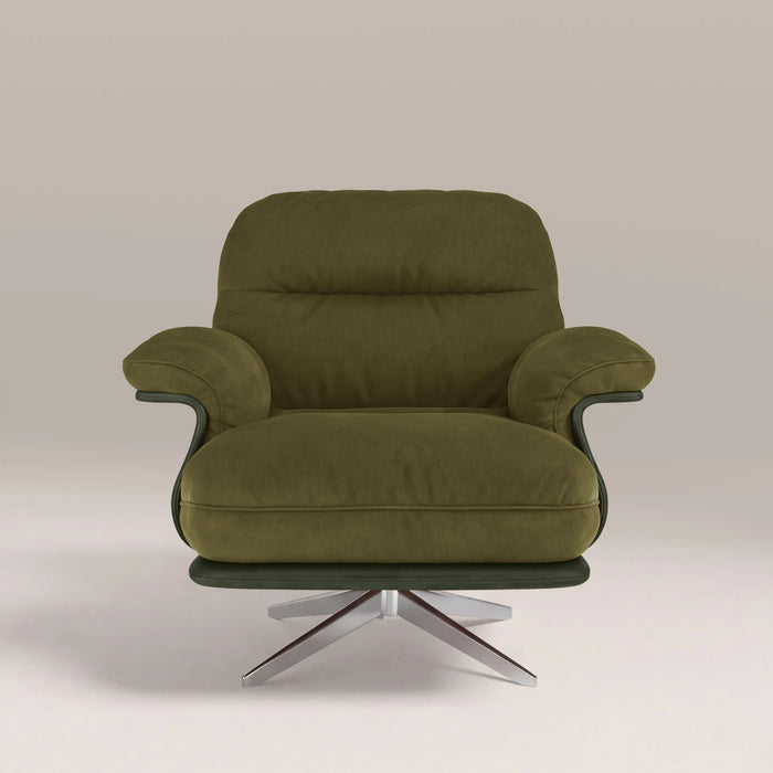 Elka Swivel Armchair Moss Green Sustainable Mohair Velvet & Brushed Chrome