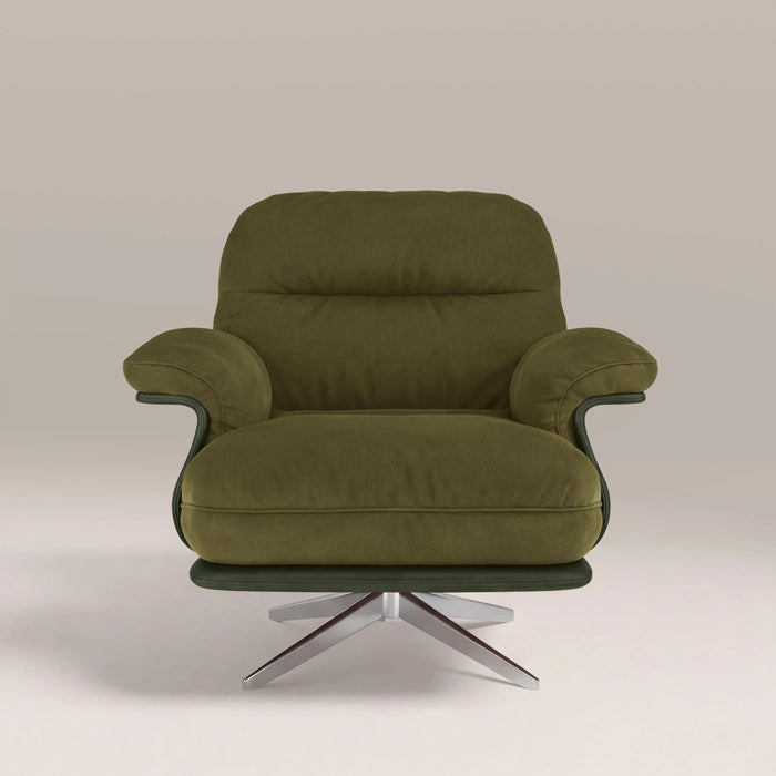 Elka Swivel Armchair | Moss Green Sustainable Mohair Velvet & Brushed Chrome