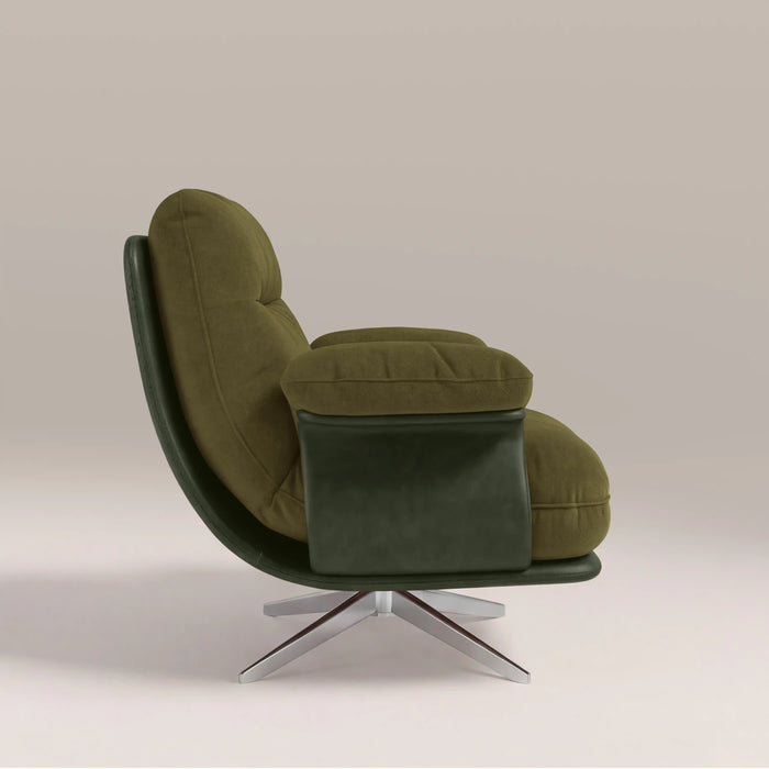 Elka Swivel Armchair | Moss Green Sustainable Mohair Velvet & Brushed Chrome