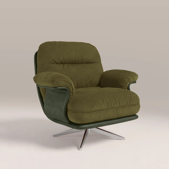 Elka Swivel Armchair Moss Green Sustainable Mohair Velvet & Brushed Chrome