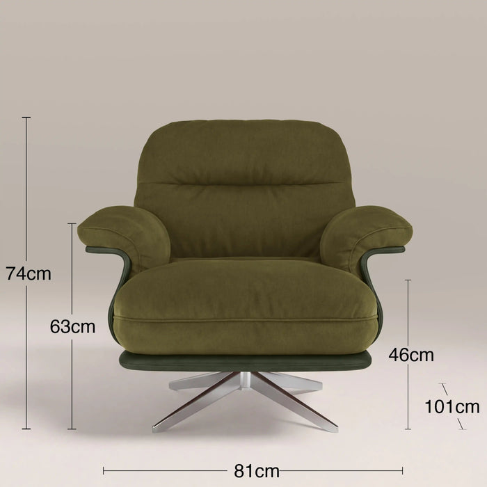 Elka Swivel Armchair Moss Green Sustainable Mohair Velvet & Brushed Chrome