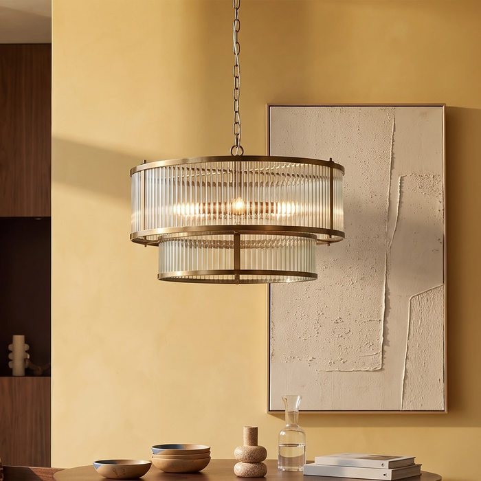 Ridgeton 5 Light Pendant Light Ribbed Glass & Brass