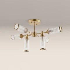 Aster 6 Light Flush Ceiling Light | Ribbed Glass & Brass