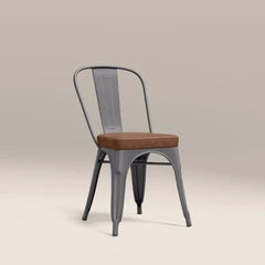 Tolix Style Stackable Dining Chair | Tan Faux Leather & Gunmetal