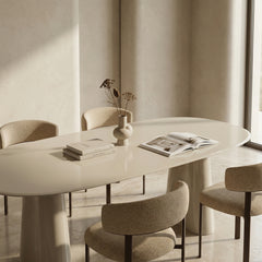Hadley 8 Seat Oval Dining Table | Soft Ecru Sandblasted Glass & High Gloss Ecru