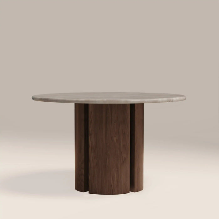 Maui 4 Seat Round Dining Table Grey Honed Marble Effect Stone & Walnut