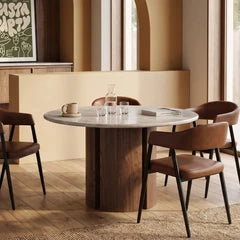 Maui 4 Seat Round Dining Table | Grey Honed Marble Effect Stone & Walnut