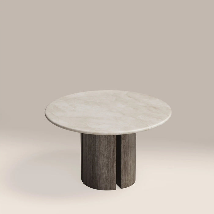 Maui 4 Seat Round Dining Table White Honed Marble Effect Stone & Smoked Grey Oak