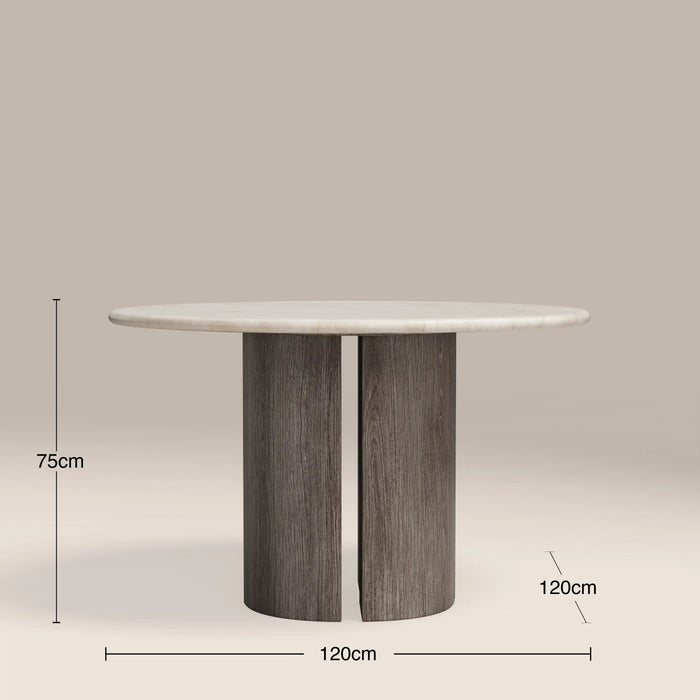 Maui 4 Seat Round Dining Table White Honed Marble Effect Stone & Smoked Grey Oak