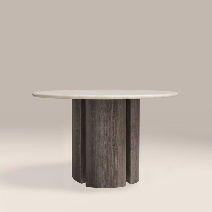 Maui 4 Seat Round Dining Table White Honed Marble Effect Stone & Smoked Grey Oak