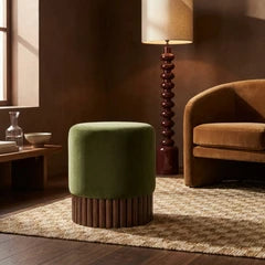 Oberon Pouffe | Moss Green Sustainable Mohair Velvet & Walnut