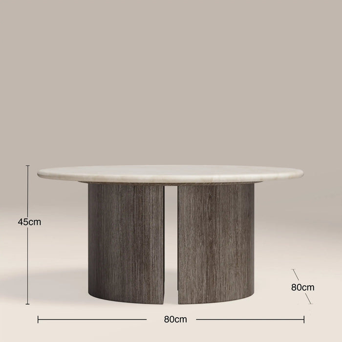 Maui Round Coffee Table White Honed Marble Effect Stone & Smoked Grey Oak