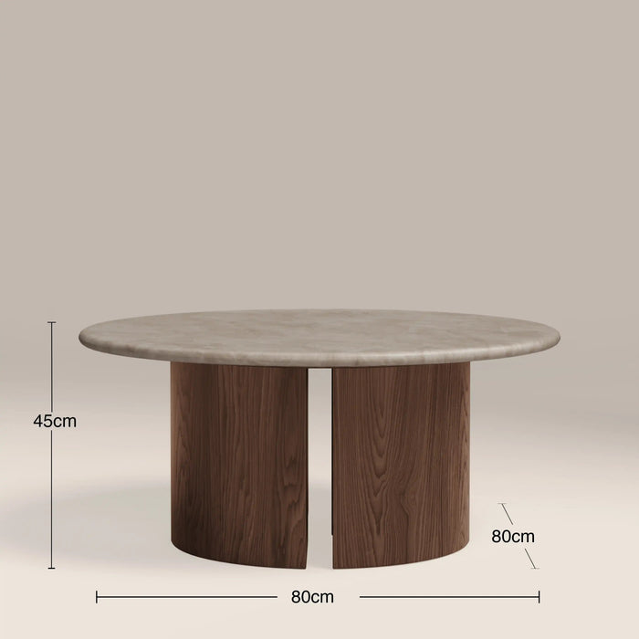 Maui Round Coffee Table Grey Honed Marble Effect Stone & Walnut