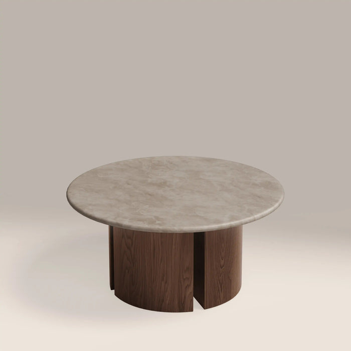 Maui Round Coffee Table Grey Honed Marble Effect Stone & Walnut
