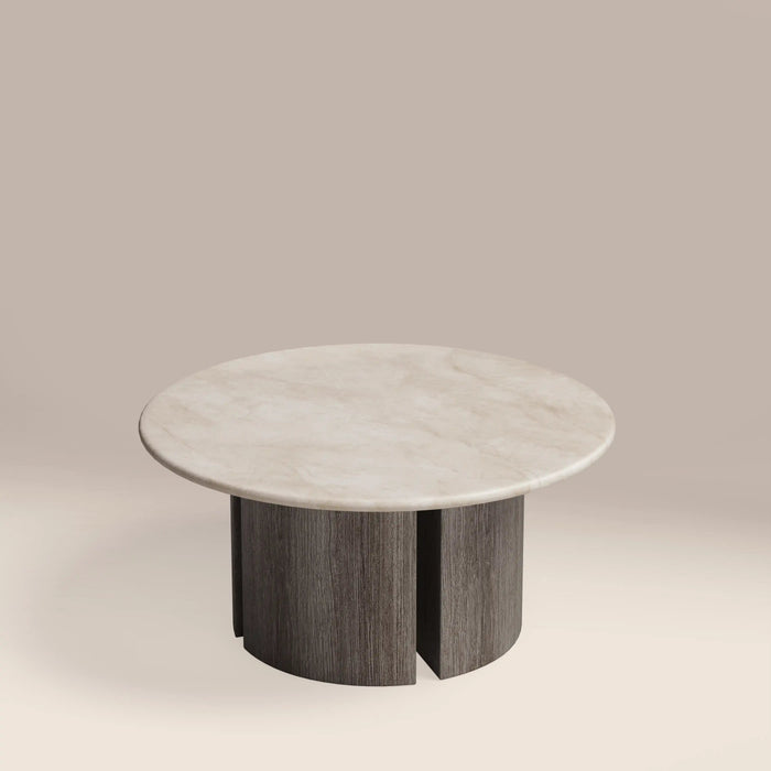 Maui Round Coffee Table White Honed Marble Effect Stone & Smoked Grey Oak