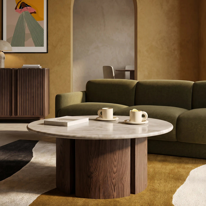Maui Round Coffee Table Grey Honed Marble Effect Stone & Walnut