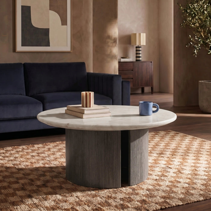 Maui Round Coffee Table White Honed Marble Effect Stone & Smoked Grey Oak