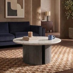 Maui Round Coffee Table | White Honed Marble Effect Stone & Smoked Grey Oak
