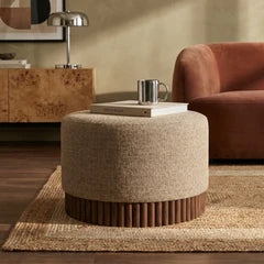 Oberon Footstool | Speckled Cappuccino Boucle & Walnut