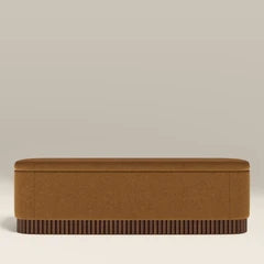 Oberon Storage Ottoman | Caramel Sustainable Mohair Velvet & Walnut