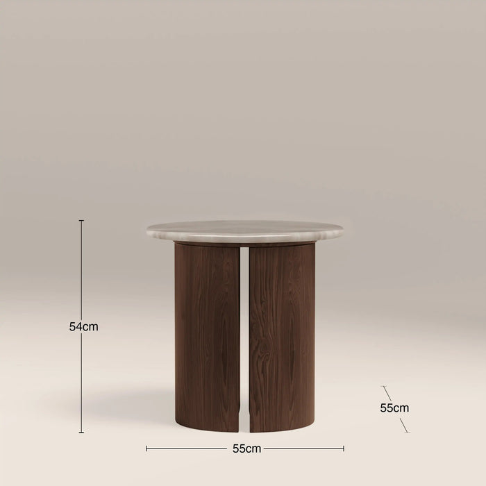 Maui Round Side Table Grey Honed Marble Effect Stone & Walnut