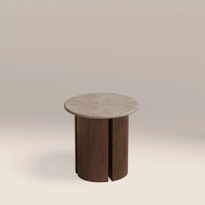 Maui Round Side Table Grey Honed Marble Effect Stone & Walnut