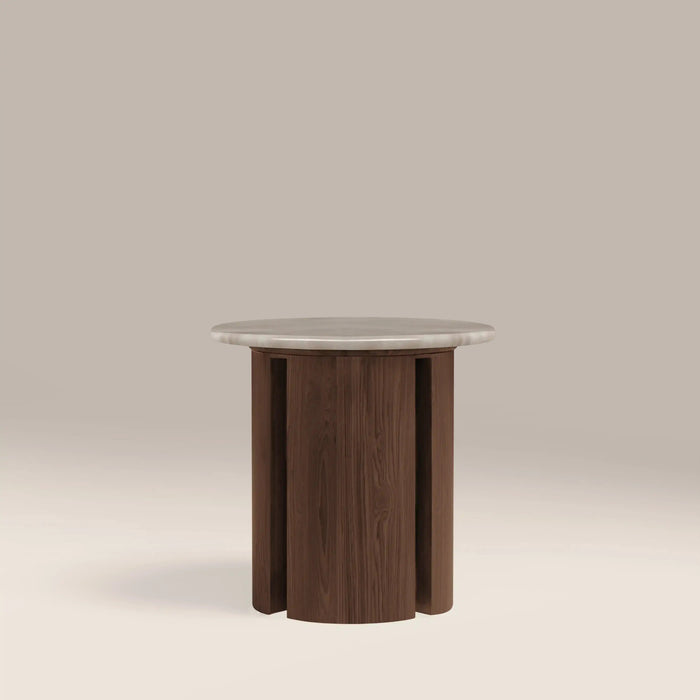 Maui Round Side Table Grey Honed Marble Effect Stone & Walnut