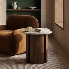 Maui Round Side Table | Grey Honed Marble Effect Stone & Walnut