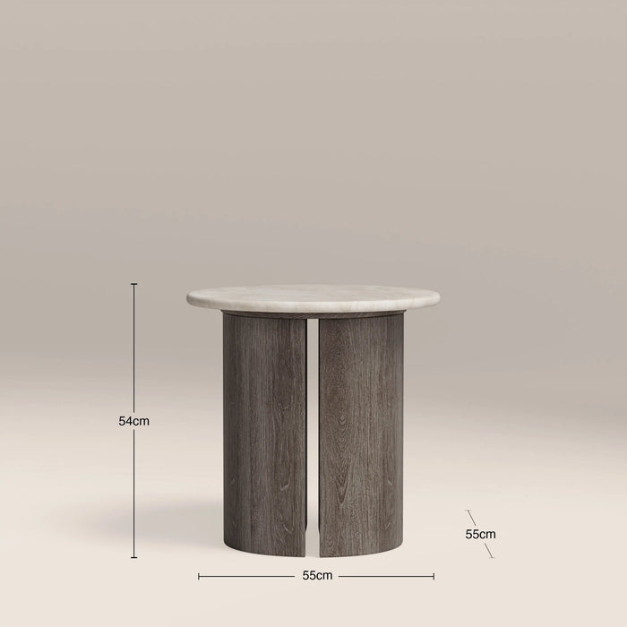 Maui Round Side Table White Honed Marble Effect Stone & Smoked Grey Oak