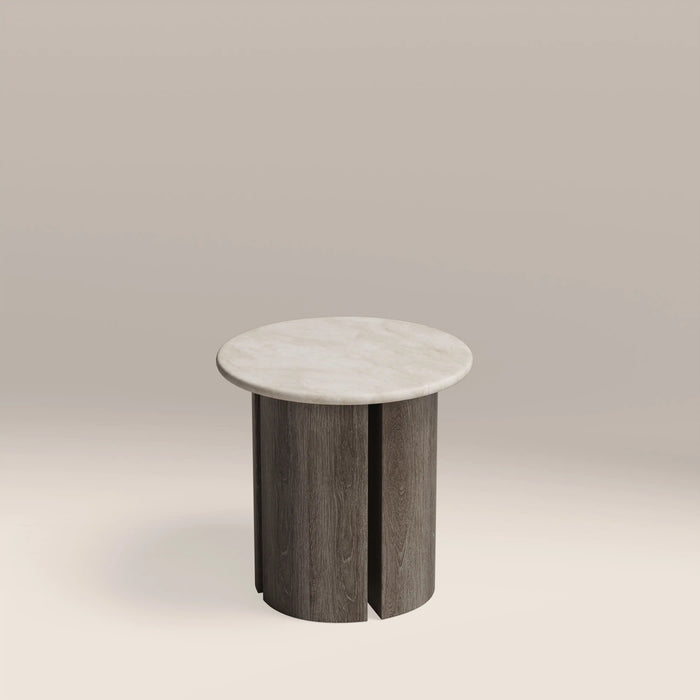 Maui Round Side Table White Honed Marble Effect Stone & Smoked Grey Oak