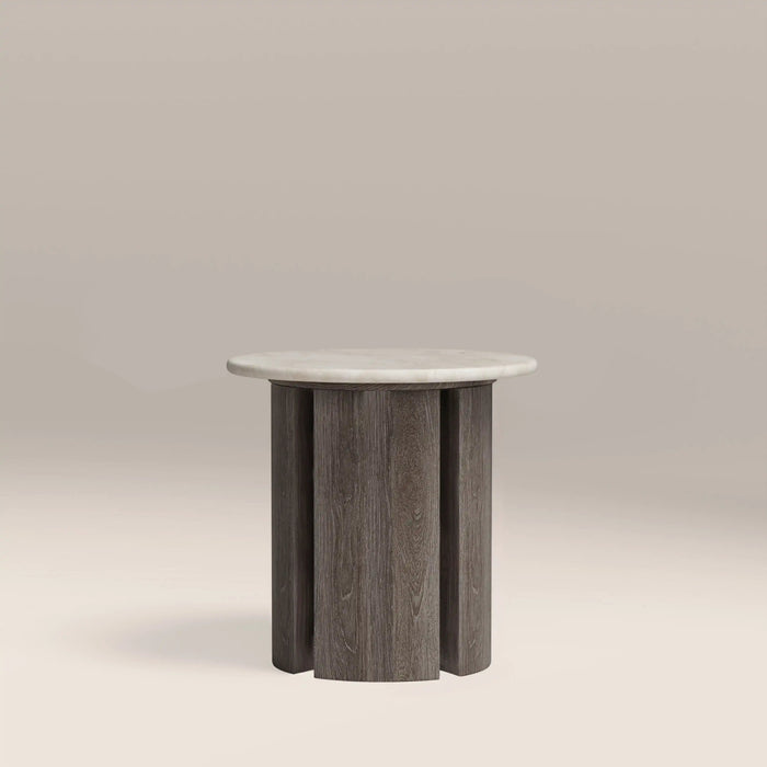 Maui Round Side Table White Honed Marble Effect Stone & Smoked Grey Oak