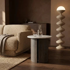 Maui Round Side Table | White Honed Marble Effect Stone & Smoked Grey Oak